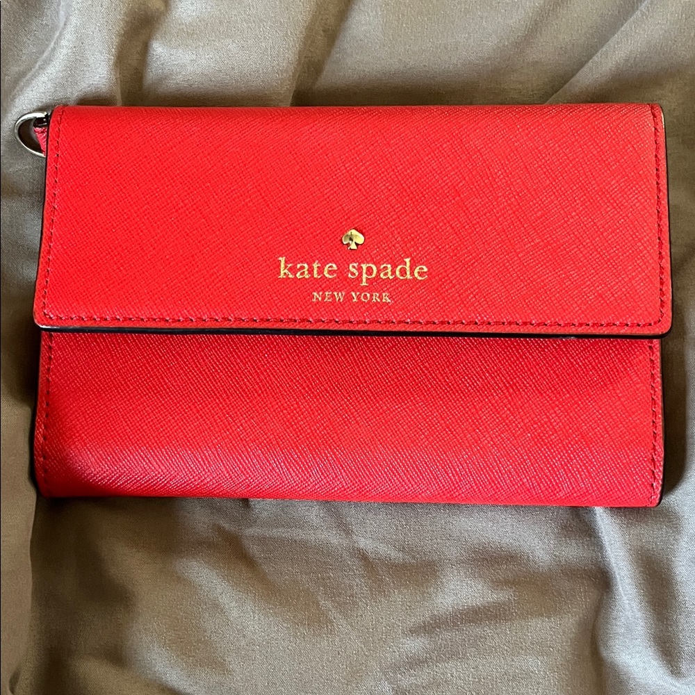 kate spade red leather crossbody clutch with gold logo